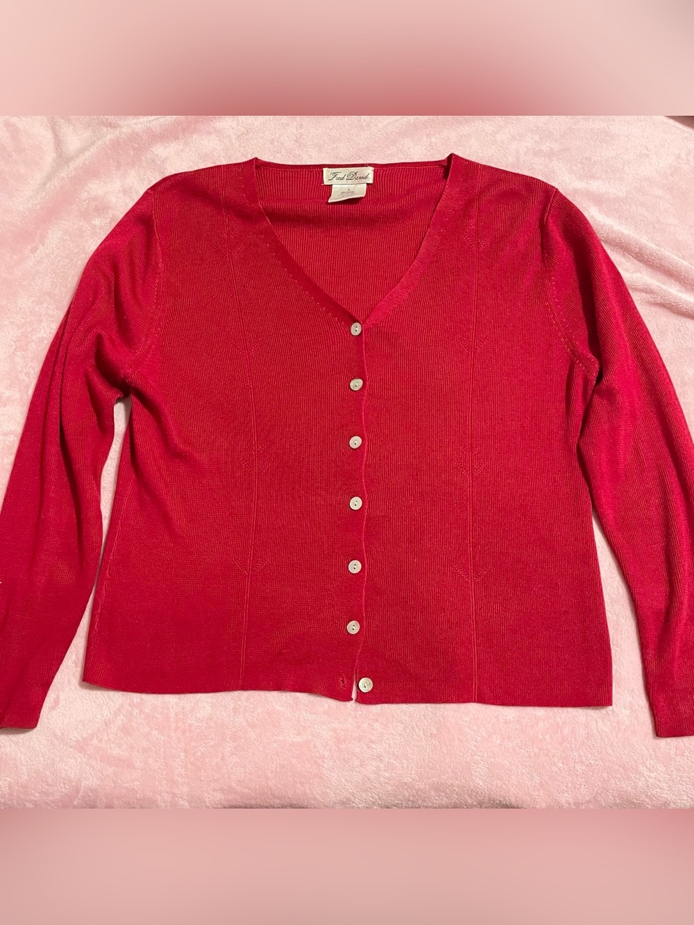 Women’s Red Ribbed Pointelle Cardigan Sweater Size Large